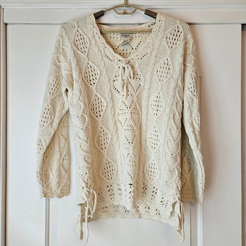 Yarnworks‎ Handknit Cable Knit Sweater Womens Medium Cream Boho Cotton Fisherman